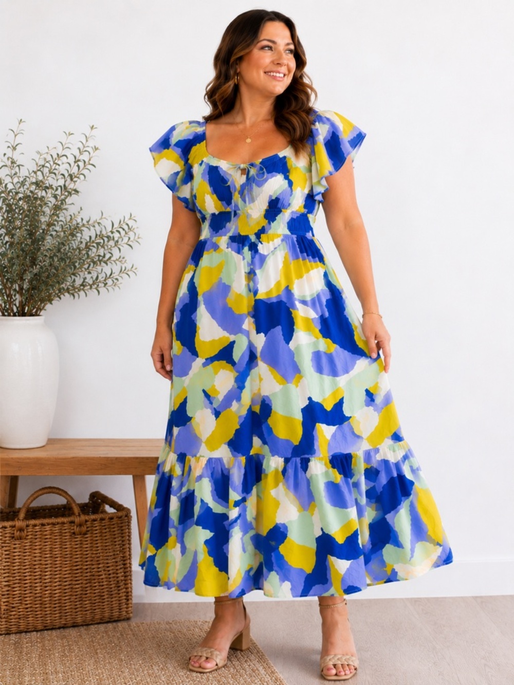 Nine West Abstract Print Flutter Sleeve Midi Dress Large Blue Yellow